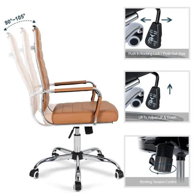 Alt view image 5 of 6 - Home Office Chair Ribbed, Modern Leather Conference Room Chairs, High Back Executive Computer Chair, Ergonomic Office Desk Chair, Adjustable Swivel Chair with Arms (Brown)