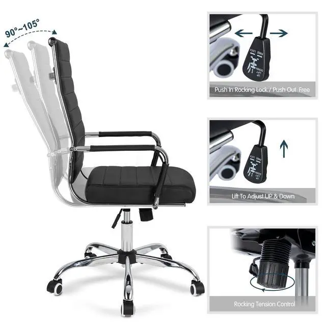 Alt view image 5 of 6 - Home Office Chair Ribbed, Modern Leather Conference Room Chairs, Ergonomic Office Desk Chair, High Back Executive Computer Chair, Adjustable Swivel Chair with Arms (Black)