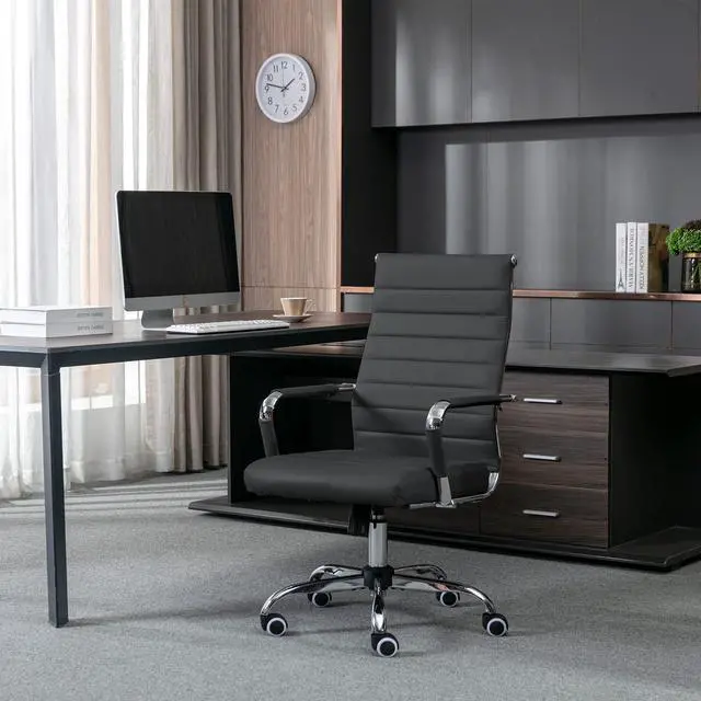 Alt view image 6 of 6 - Home Office Chair Ribbed, Modern Leather Conference Room Chairs, Ergonomic Office Desk Chair, High Back Executive Computer Chair, Adjustable Swivel Chair with Arms (Black)