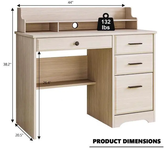 Alt view image 2 of 6 - Small Desk with Drawers for Small Spaces, 44'' Computer Desk with File Cabinet & Monitor Stand, Wood Writing Desk for Bedroom, Living Room, Off White