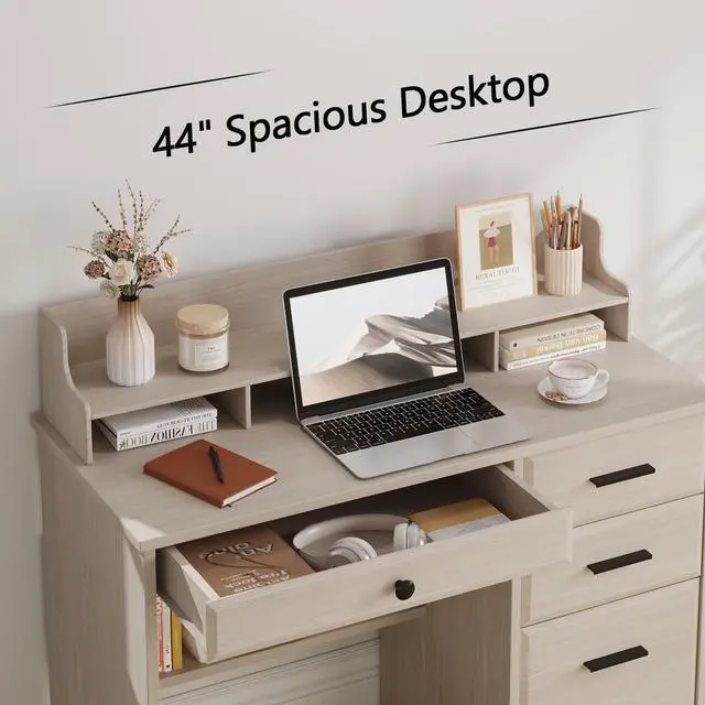 Alt view image 3 of 6 - Small Desk with Drawers for Small Spaces, 44'' Computer Desk with File Cabinet & Monitor Stand, Wood Writing Desk for Bedroom, Living Room, Off White