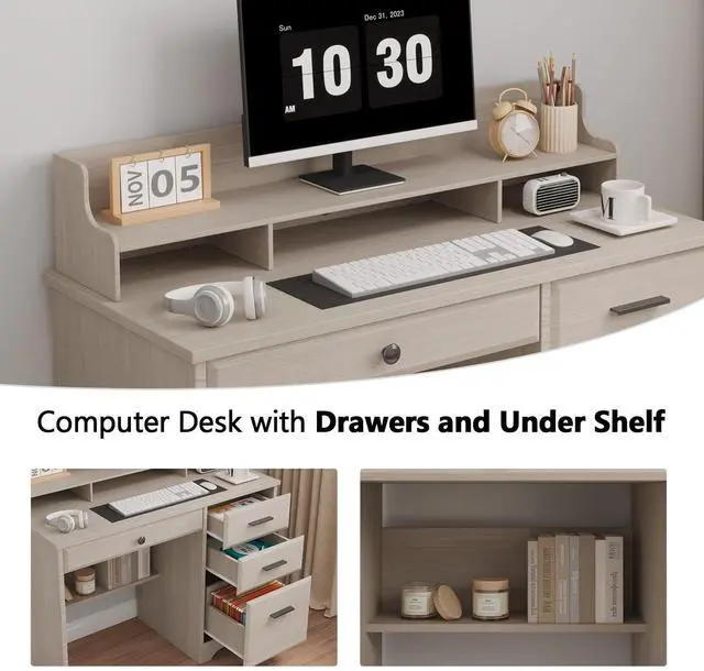 Alt view image 4 of 6 - Small Desk with Drawers for Small Spaces, 44'' Computer Desk with File Cabinet & Monitor Stand, Wood Writing Desk for Bedroom, Living Room, Off White