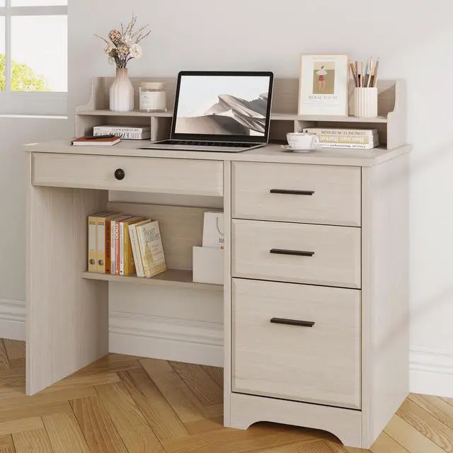 Alt view image 6 of 6 - Small Desk with Drawers for Small Spaces, 44'' Computer Desk with File Cabinet & Monitor Stand, Wood Writing Desk for Bedroom, Living Room, Off White