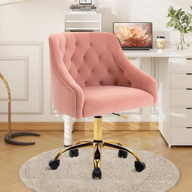 Main image of Home Office Chair, Velvet Swivel Adjustable Accent Vanity Chair with Arms Nailhead Trim for Bedroom, for to Living Room, Studying, Office (Pink)