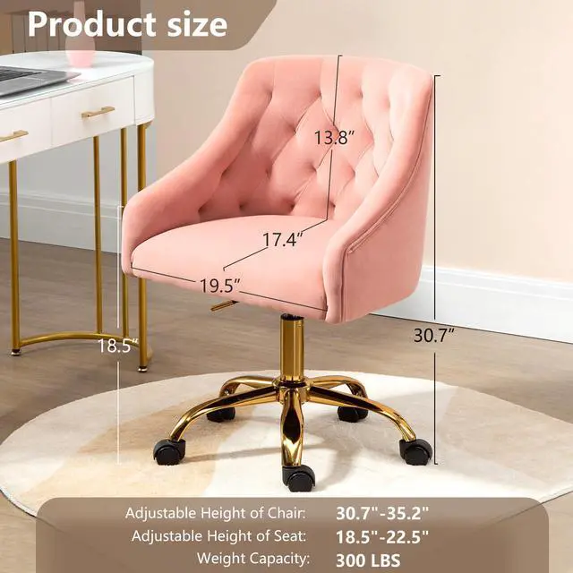 Alt view image 2 of 6 - Home Office Chair, Velvet Swivel Adjustable Accent Vanity Chair with Arms Nailhead Trim for Bedroom, for to Living Room, Studying, Office (Pink)