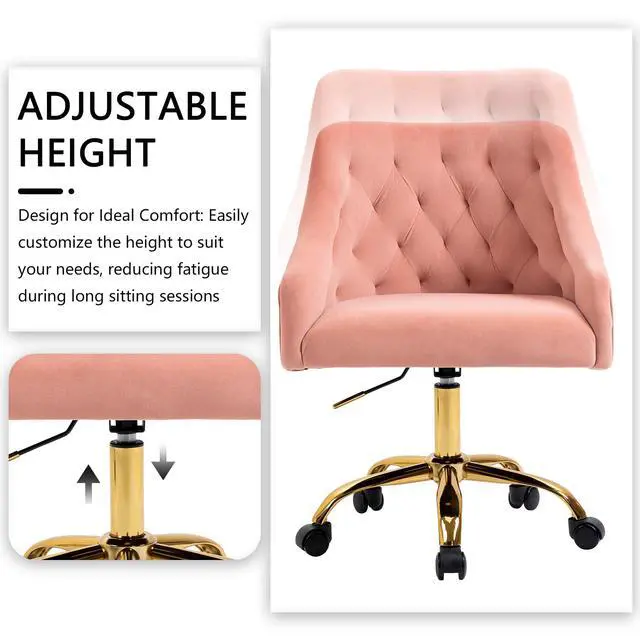 Alt view image 4 of 6 - Home Office Chair, Velvet Swivel Adjustable Accent Vanity Chair with Arms Nailhead Trim for Bedroom, for to Living Room, Studying, Office (Pink)