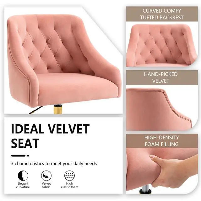 Alt view image 5 of 6 - Home Office Chair, Velvet Swivel Adjustable Accent Vanity Chair with Arms Nailhead Trim for Bedroom, for to Living Room, Studying, Office (Pink)