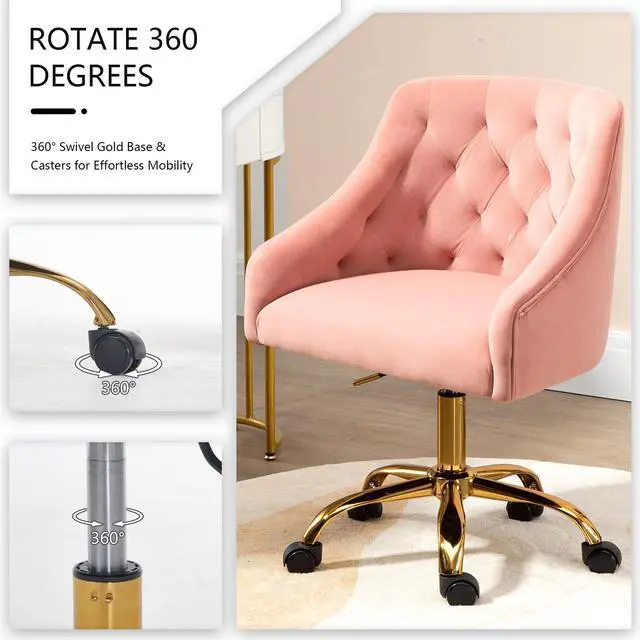 Alt view image 6 of 6 - Home Office Chair, Velvet Swivel Adjustable Accent Vanity Chair with Arms Nailhead Trim for Bedroom, for to Living Room, Studying, Office (Pink)