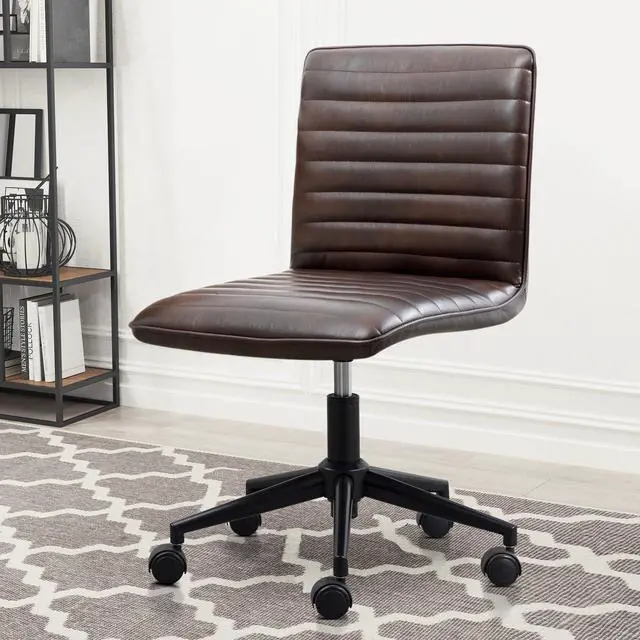 Main image of PU Leather Office Desk Chair, Armless Vanity Chair with Wheels 360° Swivel Mid Back Height Adjustable, Computer Rolling Chairs with Gold Metal Base Stool, Black Brown