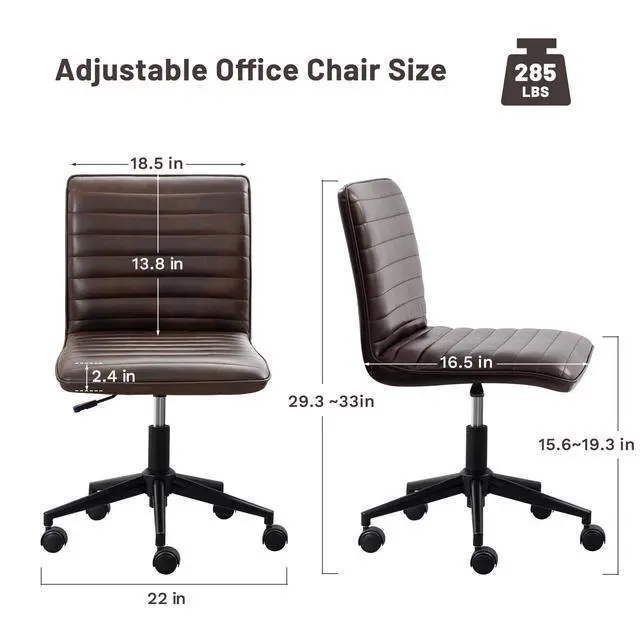 Alt view image 2 of 6 - PU Leather Office Desk Chair, Armless Vanity Chair with Wheels 360° Swivel Mid Back Height Adjustable, Computer Rolling Chairs with Gold Metal Base Stool, Black Brown