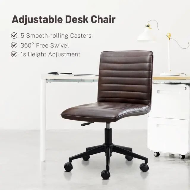 Alt view image 3 of 6 - PU Leather Office Desk Chair, Armless Vanity Chair with Wheels 360° Swivel Mid Back Height Adjustable, Computer Rolling Chairs with Gold Metal Base Stool, Black Brown