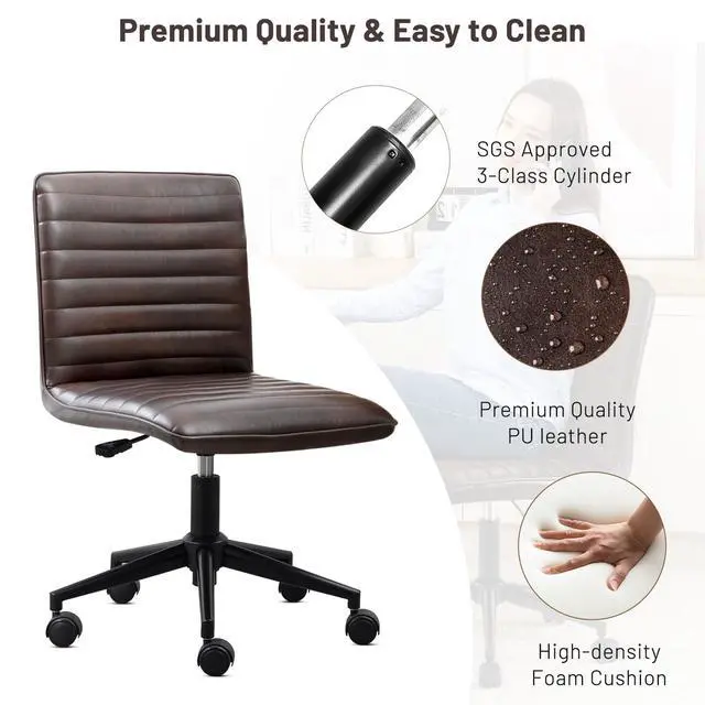 Alt view image 4 of 6 - PU Leather Office Desk Chair, Armless Vanity Chair with Wheels 360° Swivel Mid Back Height Adjustable, Computer Rolling Chairs with Gold Metal Base Stool, Black Brown