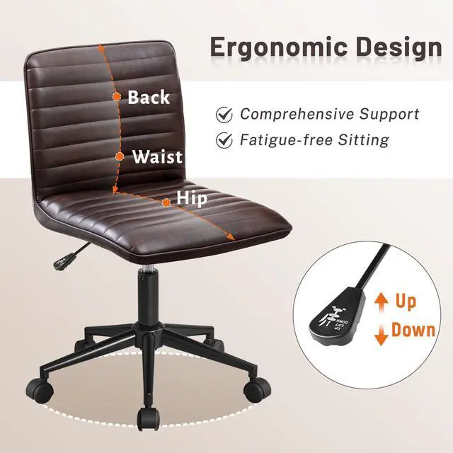 Alt view image 6 of 6 - PU Leather Office Desk Chair, Armless Vanity Chair with Wheels 360° Swivel Mid Back Height Adjustable, Computer Rolling Chairs with Gold Metal Base Stool, Black Brown