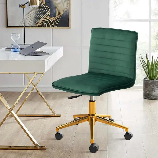 Main image of Armless Vanity Chair with Wheels, Computer Rolling Desk Chair with Back Soft Velvet Fabic Height Adjustable Gold Metal Base Swivel Stool Chairs,DarkGreen