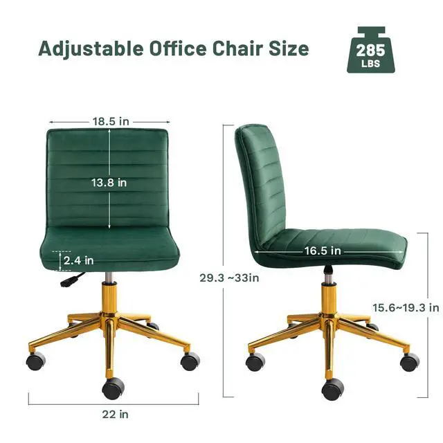 Alt view image 2 of 6 - Armless Vanity Chair with Wheels, Computer Rolling Desk Chair with Back Soft Velvet Fabic Height Adjustable Gold Metal Base Swivel Stool Chairs,DarkGreen