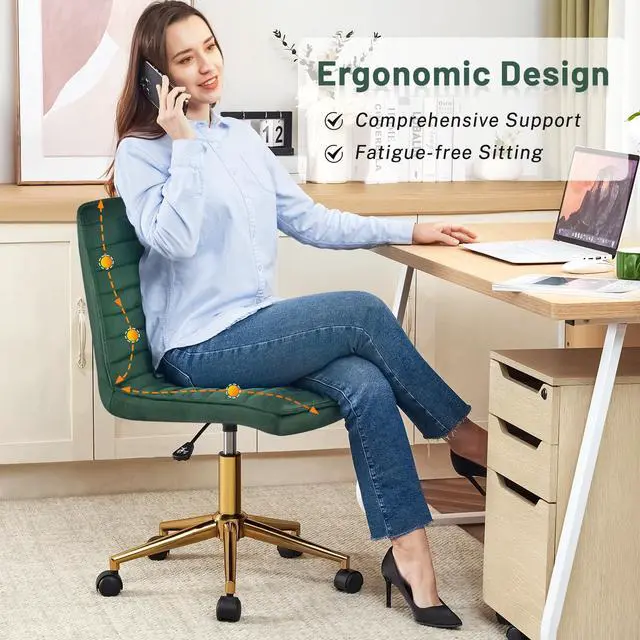 Alt view image 3 of 6 - Armless Vanity Chair with Wheels, Computer Rolling Desk Chair with Back Soft Velvet Fabic Height Adjustable Gold Metal Base Swivel Stool Chairs,DarkGreen