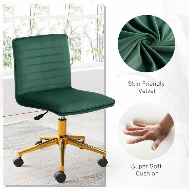 Alt view image 4 of 6 - Armless Vanity Chair with Wheels, Computer Rolling Desk Chair with Back Soft Velvet Fabic Height Adjustable Gold Metal Base Swivel Stool Chairs,DarkGreen