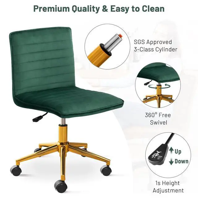 Alt view image 5 of 6 - Armless Vanity Chair with Wheels, Computer Rolling Desk Chair with Back Soft Velvet Fabic Height Adjustable Gold Metal Base Swivel Stool Chairs,DarkGreen