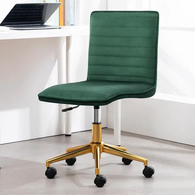 Alt view image 6 of 6 - Armless Vanity Chair with Wheels, Computer Rolling Desk Chair with Back Soft Velvet Fabic Height Adjustable Gold Metal Base Swivel Stool Chairs,DarkGreen