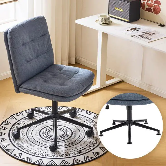 Main image of Mid Back Armless Office Desk Chair with Wheels/no Wheels,360°Rocking Swivel Vanity Chair with Thickened Cushion,Adjustable Height Rolling for Reading Room, Make up, Linen Navy Blue