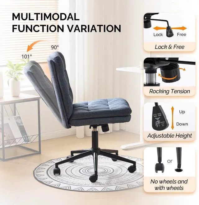 Alt view image 5 of 6 - Mid Back Armless Office Desk Chair with Wheels/no Wheels,360°Rocking Swivel Vanity Chair with Thickened Cushion,Adjustable Height Rolling for Reading Room, Make up, Linen Navy Blue