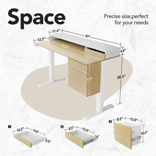 Alt view image 2 of 6 - Electric Standing Desk with File Cabinet, 47 Inch Height Adjustable Desk with Storage Drawers, Ergonomic Stand Up Table Compatible with Monitor Stand, Light Walnut
