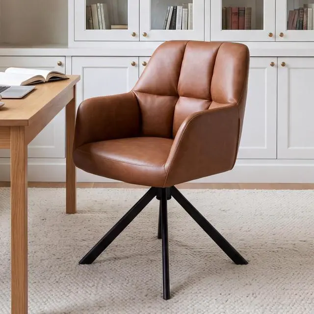 Main image of Comfy Leather Desk Chair Modern Computer Task Chair no Wheels Swivel Accent Chair with Mid Back Arm Chair for Living Room/Bedroom/Home Office, PU Brown