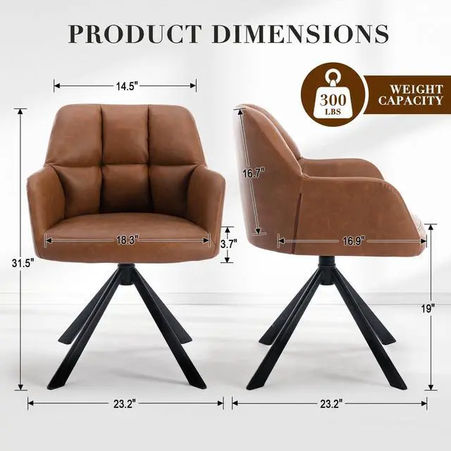 Alt view image 2 of 6 - Comfy Leather Desk Chair Modern Computer Task Chair no Wheels Swivel Accent Chair with Mid Back Arm Chair for Living Room/Bedroom/Home Office, PU Brown