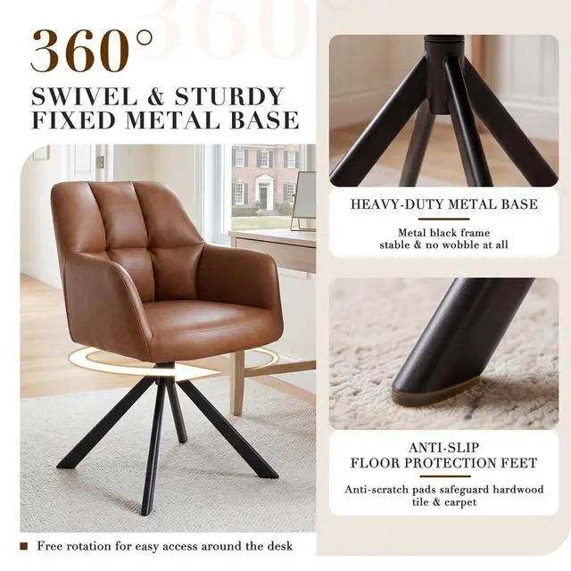 Alt view image 5 of 6 - Comfy Leather Desk Chair Modern Computer Task Chair no Wheels Swivel Accent Chair with Mid Back Arm Chair for Living Room/Bedroom/Home Office, PU Brown