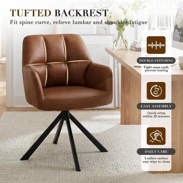 Alt view image 6 of 6 - Comfy Leather Desk Chair Modern Computer Task Chair no Wheels Swivel Accent Chair with Mid Back Arm Chair for Living Room/Bedroom/Home Office, PU Brown