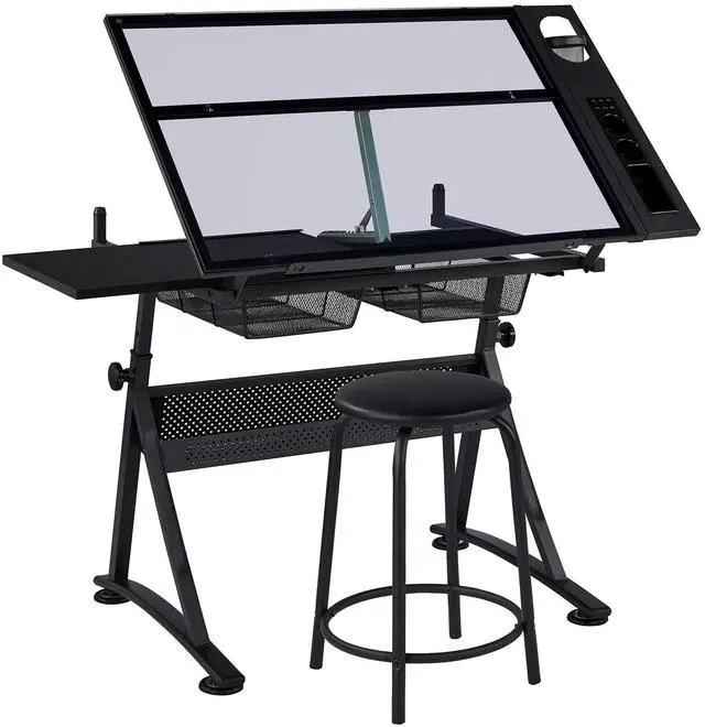 Main image of Drafting Table w/Stool Height Adjustable Multifunctional Art Craft Artists Desk Tilting Glass Tabletop Diamond Paintings Work Station w/2 Storage Drawers for Home Office