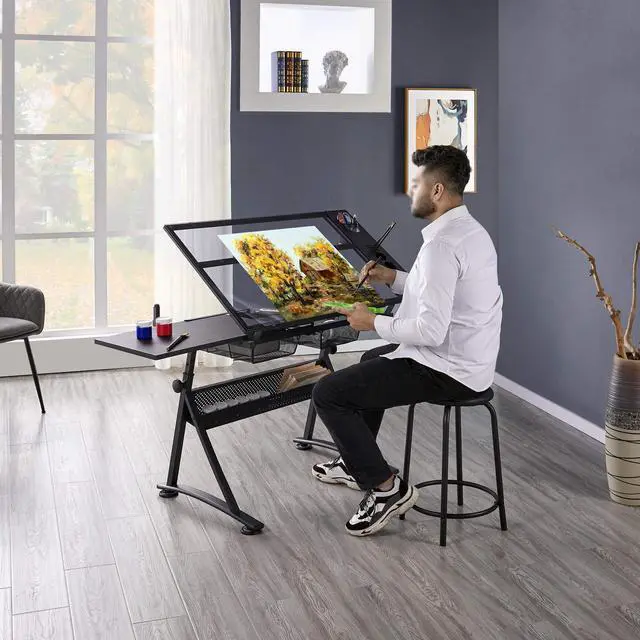 Alt view image 2 of 6 - Drafting Table w/Stool Height Adjustable Multifunctional Art Craft Artists Desk Tilting Glass Tabletop Diamond Paintings Work Station w/2 Storage Drawers for Home Office