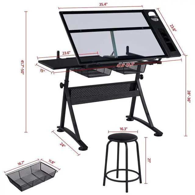 Alt view image 3 of 6 - Drafting Table w/Stool Height Adjustable Multifunctional Art Craft Artists Desk Tilting Glass Tabletop Diamond Paintings Work Station w/2 Storage Drawers for Home Office