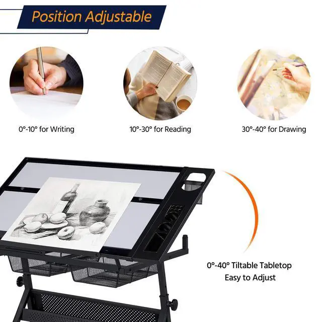 Alt view image 4 of 6 - Drafting Table w/Stool Height Adjustable Multifunctional Art Craft Artists Desk Tilting Glass Tabletop Diamond Paintings Work Station w/2 Storage Drawers for Home Office