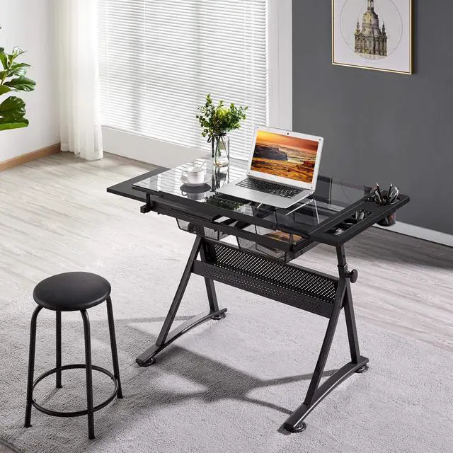 Alt view image 5 of 6 - Drafting Table w/Stool Height Adjustable Multifunctional Art Craft Artists Desk Tilting Glass Tabletop Diamond Paintings Work Station w/2 Storage Drawers for Home Office