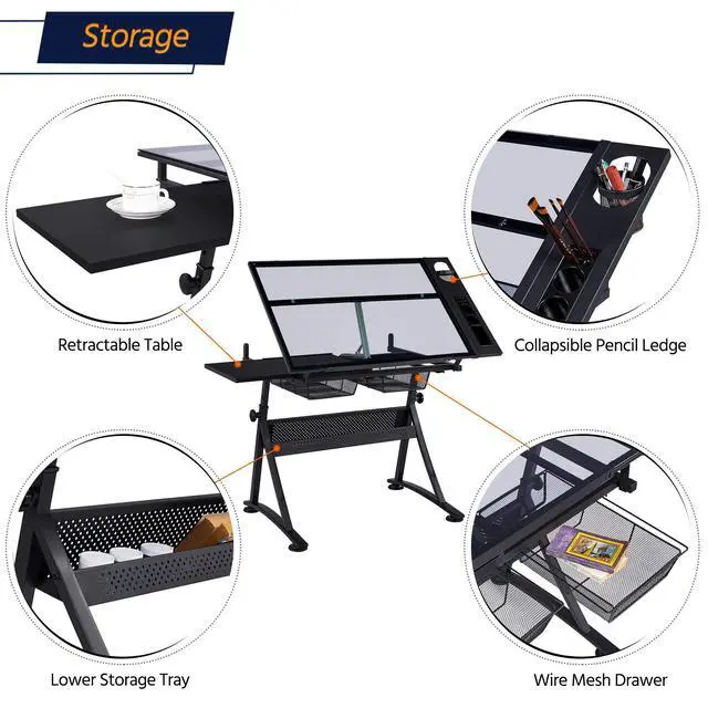 Alt view image 6 of 6 - Drafting Table w/Stool Height Adjustable Multifunctional Art Craft Artists Desk Tilting Glass Tabletop Diamond Paintings Work Station w/2 Storage Drawers for Home Office