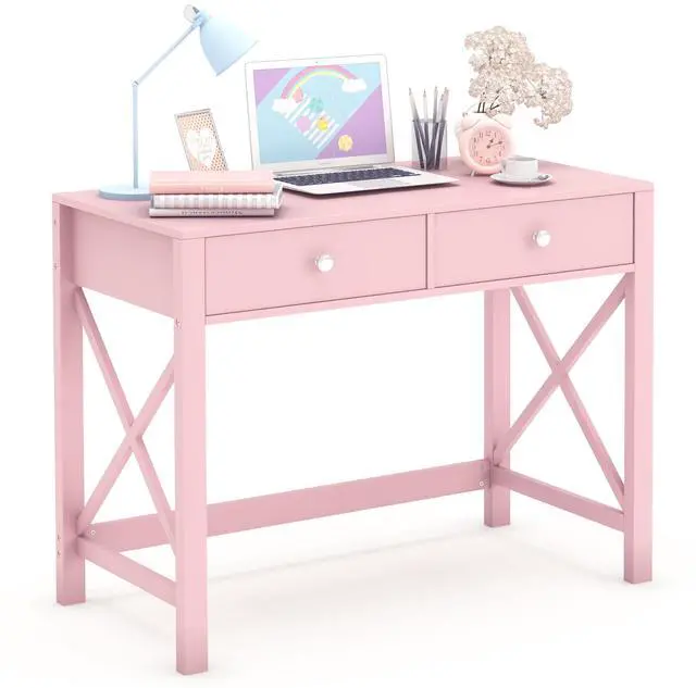 Main image of Home Office Desk with Drawers, Modern Writing Computer Desk for Bedroom, Small Makeup Vanity Table Study Table for Home Office,Pink
