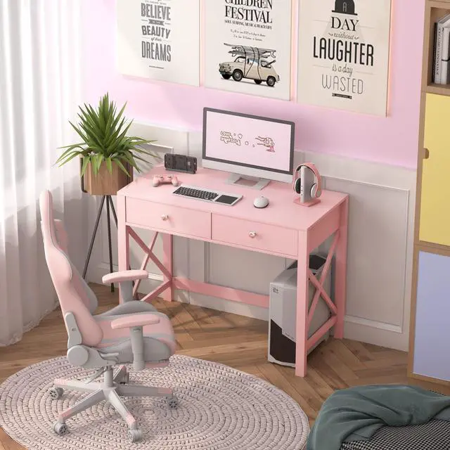 Alt view image 2 of 6 - Home Office Desk with Drawers, Modern Writing Computer Desk for Bedroom, Small Makeup Vanity Table Study Table for Home Office,Pink