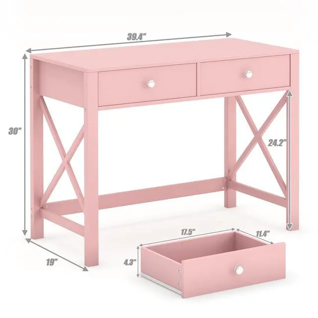 Alt view image 3 of 6 - Home Office Desk with Drawers, Modern Writing Computer Desk for Bedroom, Small Makeup Vanity Table Study Table for Home Office,Pink