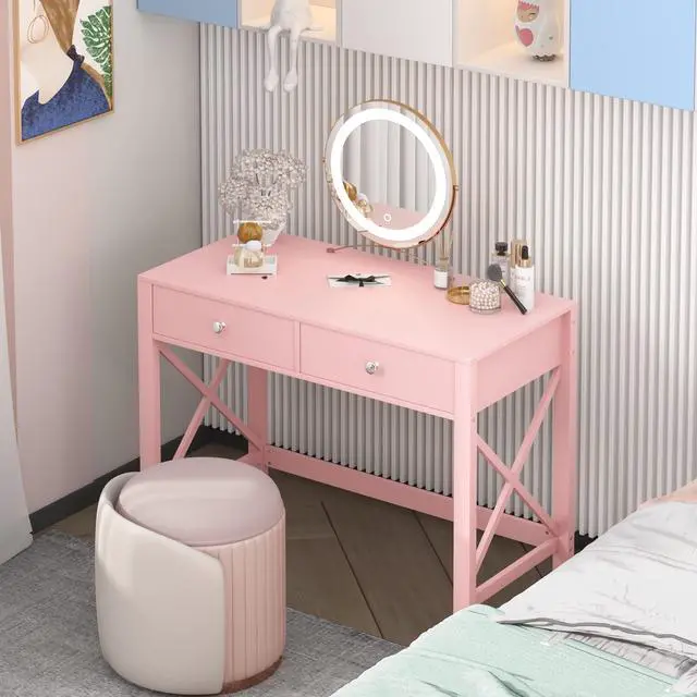 Alt view image 6 of 6 - Home Office Desk with Drawers, Modern Writing Computer Desk for Bedroom, Small Makeup Vanity Table Study Table for Home Office,Pink
