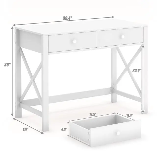 Alt view image 2 of 6 - Home Office Desk with Drawers, Modern Writing Computer Desk for Bedroom, Small Makeup Vanity Table Study Table for Home Office,White