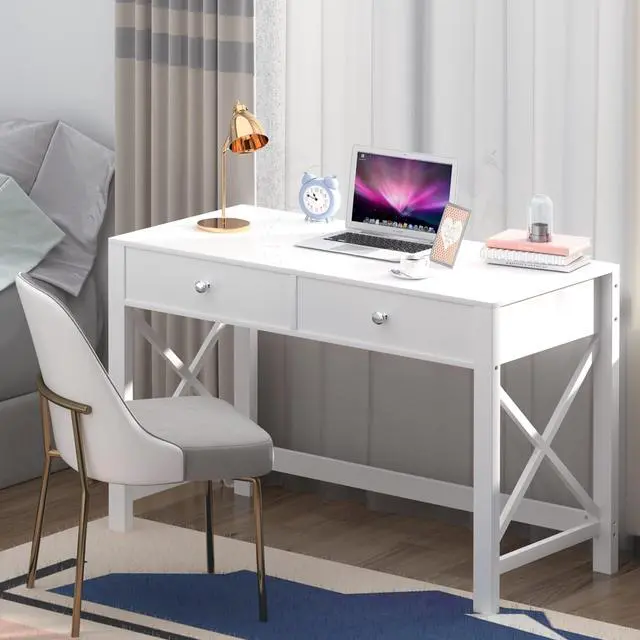Alt view image 3 of 6 - Home Office Desk with Drawers, Modern Writing Computer Desk for Bedroom, Small Makeup Vanity Table Study Table for Home Office,White