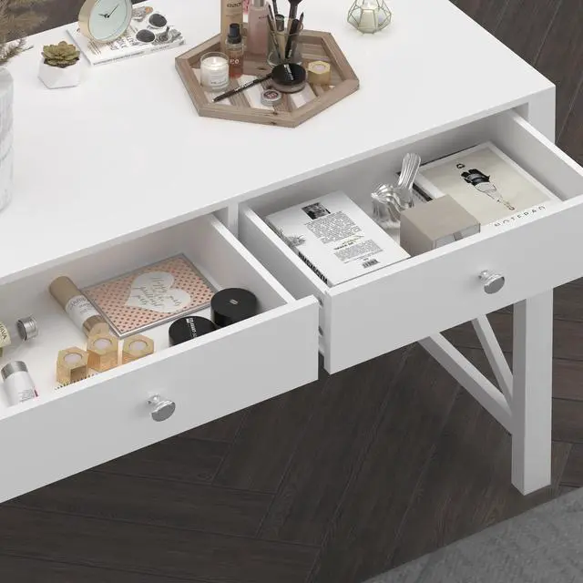 Alt view image 4 of 6 - Home Office Desk with Drawers, Modern Writing Computer Desk for Bedroom, Small Makeup Vanity Table Study Table for Home Office,White