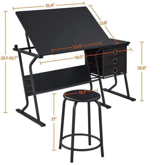 Alt view image 2 of 6 - Drafting Table for Adults/Artists, Drawing Desk, Tabletop Adjustable Art/Craft Desk with Stool and 3 Slide Drawers, Sketching Painting Artwork Station for Art Studio Home Office School
