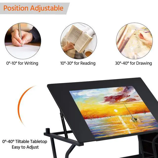 Alt view image 5 of 6 - Drafting Table for Adults/Artists, Drawing Desk, Tabletop Adjustable Art/Craft Desk with Stool and 3 Slide Drawers, Sketching Painting Artwork Station for Art Studio Home Office School