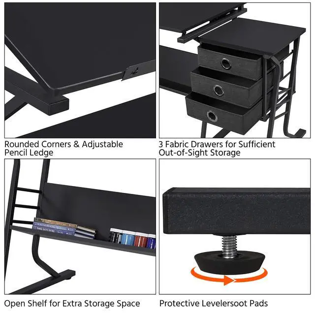 Alt view image 6 of 6 - Drafting Table for Adults/Artists, Drawing Desk, Tabletop Adjustable Art/Craft Desk with Stool and 3 Slide Drawers, Sketching Painting Artwork Station for Art Studio Home Office School
