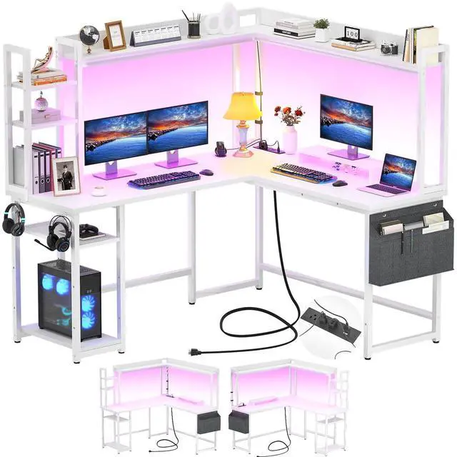 Main image of L Shaped Desk with Power Outlet, L Shaped Gaming Desk with Led Light & Hutch, Reversible Home Office Desk, Corner Computer Desk Writing Desk with Monitor Stand & Storage Shelves, White