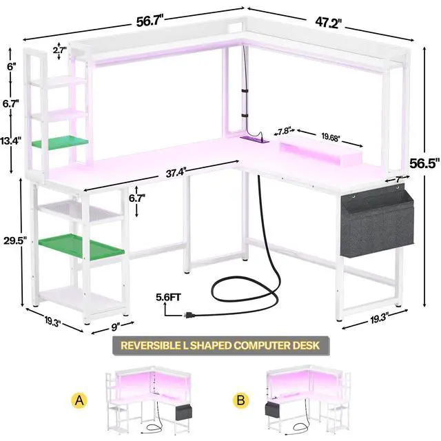 Alt view image 3 of 6 - L Shaped Desk with Power Outlet, L Shaped Gaming Desk with Led Light & Hutch, Reversible Home Office Desk, Corner Computer Desk Writing Desk with Monitor Stand & Storage Shelves, White