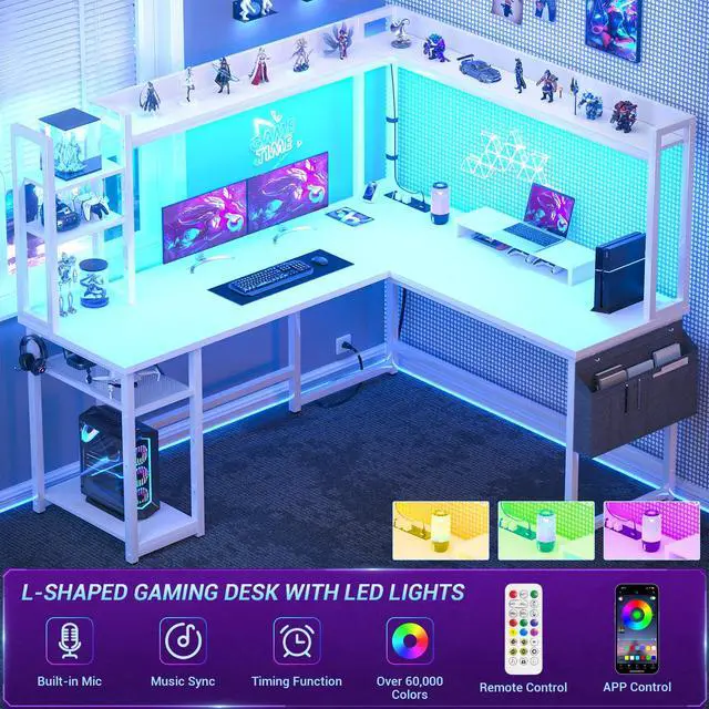 Alt view image 4 of 6 - L Shaped Desk with Power Outlet, L Shaped Gaming Desk with Led Light & Hutch, Reversible Home Office Desk, Corner Computer Desk Writing Desk with Monitor Stand & Storage Shelves, White