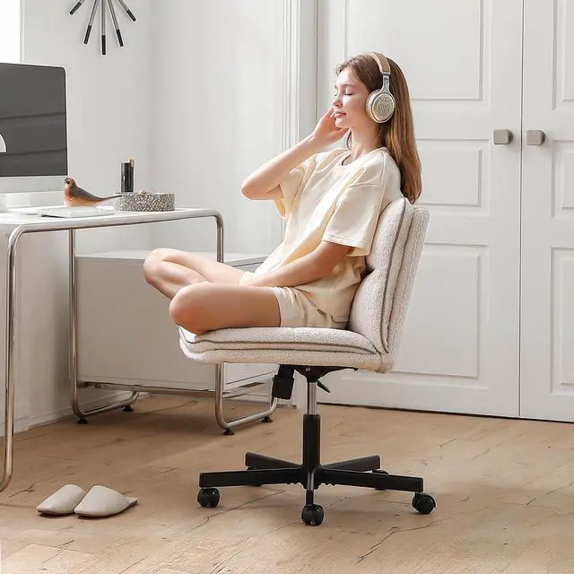 Alt view image 2 of 6 - Criss Cross Office Chair with Wheels Desk Chair Comfy, Furry | Cross Legged Office Chair Mid-Back Vanity Chair Ergonomic Swivel Task Chair with Thickened Cushion